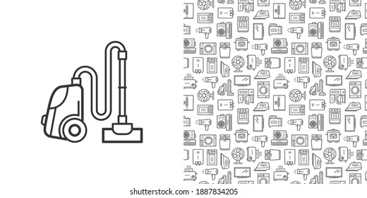 Icono del limpiador de vacío y patrón de vector sin fisuras con los electrodomésticos. Iconos de estilo de línea aislados en fondo blanco