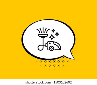 Vacuum cleaner line icon. Comic speech bubble. Cleaning service symbol. Hoover sign. Yellow background with chat bubble. Vacuum cleaner icon. Colorful banner. Vector