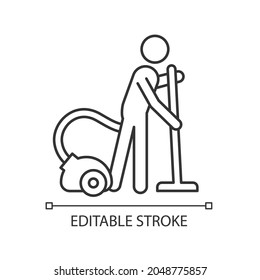 Vacuum cleaner linear icon. Person with vacuum cleaner. Maintain cleanliness in apartment. Thin line customizable illustration. Contour symbol. Vector isolated outline drawing. Editable stroke