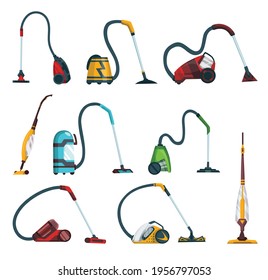 Vacuum cleaner modern icons set. Carpet cleaner items and washing robot cyclones. Cartoon vector cleaning equipment for home, office or car