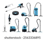 Vacuum cleaner modern and retro blue device for floor cleaning set realistic vector illustration. Dust carpet household cleansing technology equipment wireless and with cord housework appliance