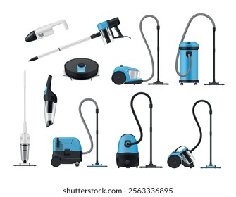 Vacuum cleaner modern and retro blue device for floor cleaning set realistic vector illustration. Dust carpet household cleansing technology equipment wireless and with cord housework appliance