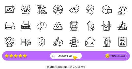 Vacuum cleaner, Music book and Energy growing line icons for web app. Pack of Download photo, Eye drops, Typewriter pictogram icons. Metro, Delegate work, Pin signs. Budget accounting. Vector