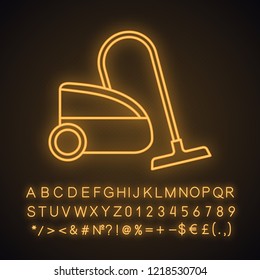 Vacuum cleaner neon light icon. Wet and dry vacuum. Floor cleaning. Household appliance. Glowing sign with alphabet, numbers and symbols. Vector isolated illustration
