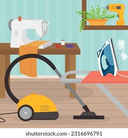 Limpiador de vacío en el fondo de la habitación. Ilustración vectorial.