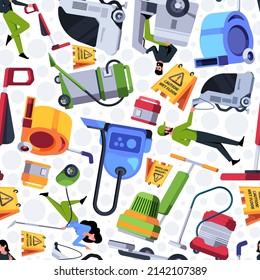 Vacuum Cleaner Pattern. Equipment For Industrial Cleaning Commercial Realestate Garish Vector Seamless Background Template