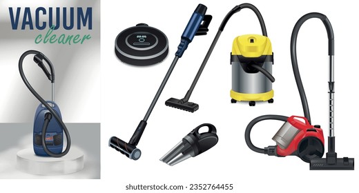Vacuum cleaner realistic composition demonstrating different kinds of domestic technique isolated vector illustration