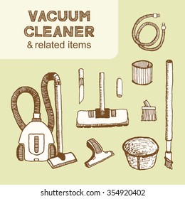 Vacuum cleaner and related items collection. Vintage style, hand drawn pen and ink.  Vector clip art set for flyer, business card of home appliances shop or household goods store. Retro design element
