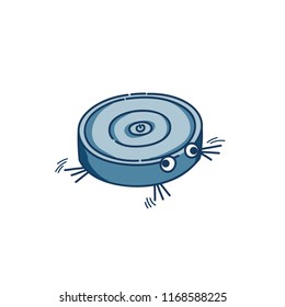 Vacuum cleaner robot round wireless technology funny sketch character with wiggle eyes vector isolated on white