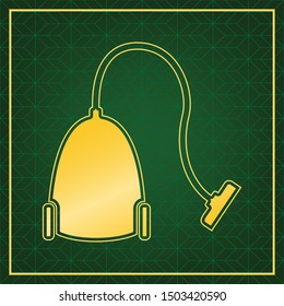 Vacuum Cleaner sign. Golden icon with gold contour at dark green gridded background. Illustration.