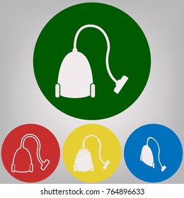 Vacuum Cleaner sign. Vector. 4 white styles of icon at 4 colored circles on light gray background.