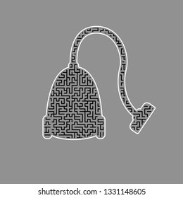 Vacuum Cleaner sign. Vector. Black maze filled icon with white border at gray background.