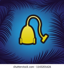 Vacuum Cleaner sign. Vector. Golden icon with black contour at blue background with branches of palm trees.