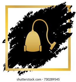 Vacuum Cleaner sign. Vector. Golden icon at black spot inside golden frame on white background.