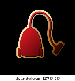 Vacuum Cleaner sign. Vector. Red icon with small black and limitless shadows at golden sticker on black background.