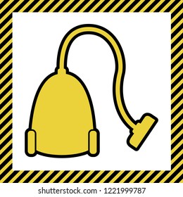 Vacuum Cleaner sign. Vector. Warm yellow icon with black contour in frame named as under construction at white background. Isolated.