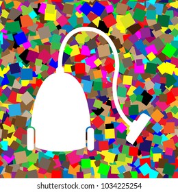 Vacuum Cleaner sign. Vector. White icon on colorful background with seamless pattern from squares.