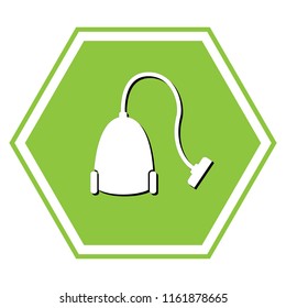 Vacuum Cleaner sign. Vector. White icon with black shadow at yellow green honeycomb on white background.