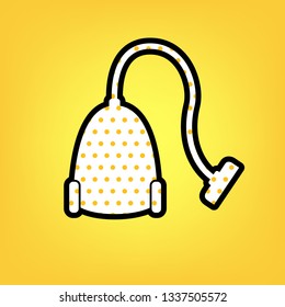 Vacuum Cleaner sign. Vector. Yellow polka dot white icon with black contour at warm yellow background.