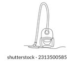 Vacuum cleaner in single continuous line art drawing style. One line drawing of home household appliance. Editable stroke contour of vacuum cleaner. Doodle hand drawn vector Poster template
