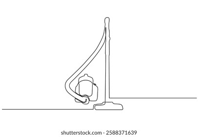 Vacuum cleaner in single continuous line art drawing style. One line drawing of home household appliance, One continuous line drawing of electric vacuum cleaner household appliance.