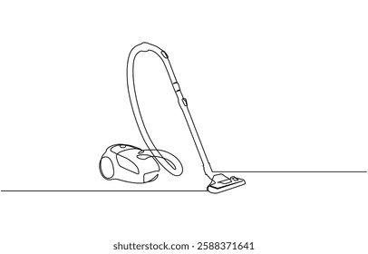 Vacuum cleaner in single continuous line art drawing style. One line drawing of home household appliance, One continuous line drawing of electric vacuum cleaner household appliance.