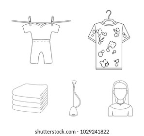 Vacuum cleaner, a stack of cloth, dirty and clean things. Dry cleaning set collection icons in outline style vector symbol stock illustration web.