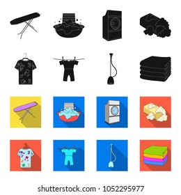 Vacuum cleaner, a stack of cloth, dirty and clean things. Dry cleaning set collection icons in black,flet style vector symbol stock illustration web.