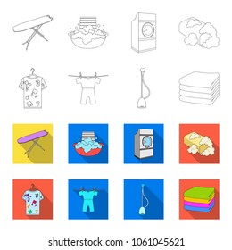 Vacuum cleaner, a stack of cloth, dirty and clean things. Dry cleaning set collection icons in outline,flet style vector symbol stock illustration web.