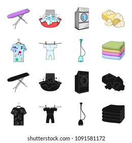 Vacuum cleaner, a stack of cloth, dirty and clean things. Dry cleaning set collection icons in black,cartoon style vector symbol stock illustration web.