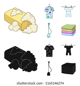 Vacuum cleaner, a stack of cloth, dirty and clean things. Dry cleaning set collection icons in cartoon,black style vector symbol stock illustration web.