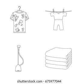 Vacuum cleaner, a stack of cloth, dirty and clean things. Dry cleaning set collection icons in outline style vector symbol stock illustration web.