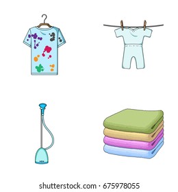 Vacuum cleaner, a stack of cloth, dirty and clean things. Dry cleaning set collection icons in cartoon style vector symbol stock illustration web.