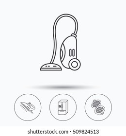 Vacuum cleaner, steam ironing and waffle-iron icons. American style fridge linear sign. Linear icons in circle buttons. Flat web symbols. Vector