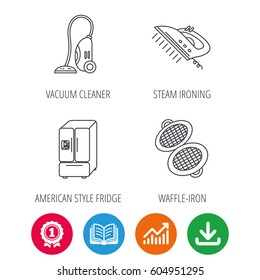 Vacuum cleaner, steam ironing and waffle-iron icons. American style fridge linear sign. Award medal, growth chart and opened book web icons. Download arrow. Vector