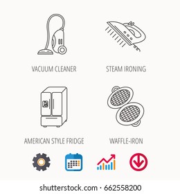 Vacuum cleaner, steam ironing and waffle-iron icons. American style fridge linear sign. Calendar, Graph chart and Cogwheel signs. Download colored web icon. Vector