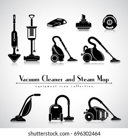 Vacuum cleaner and Steam mop icons collection. Cleaning appliance. Detailed black vector isolated symbol set.