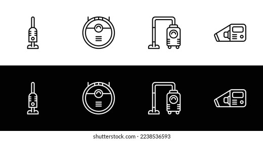 Vacuum cleaner type icon set. Flat design icon collection isolated on black and white background. Upright, automatic robot, canister, and handheld.