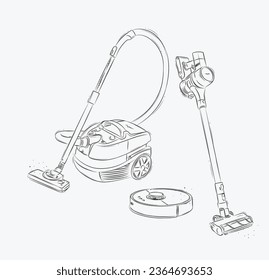 Limpiador de vacío tipos normal, inalámbrico, dibujo robot con estilo gráfico sobre fondo blanco