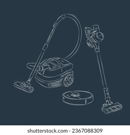 Vacuum cleaner types regular, cordless, robot drawing in graphic style on blue background