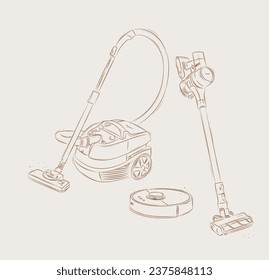 Limpiador de vacío tipos regulares, inalámbricos, planos robots al estilo gráfico sobre fondo beige