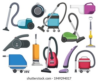 Vacuum cleaner vector cartoon icon set . Collection vector illustration device vac on white background. Isolated cartoon icon set vacuum cleaner for web design.