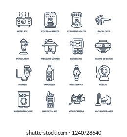 Vacuum cleaner, Video camera, Walkie talkie, Washing machine, Webcam, hot plate, percolator, trimmer, rotisserie outline vector icons from 16 set