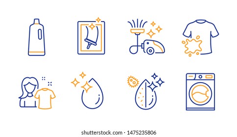 Vacuum cleaner, Window cleaning and Dirty water line icons set. Shampoo, Dirty t-shirt and Water drop signs. Clean shirt, Washing machine symbols. Vacuum-clean, Housekeeping service. Vector