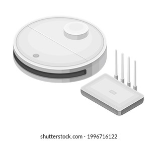 Vacuum Cleaner and Wireless Router as Smart City Isometric Vector Illustration
