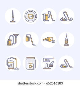 Vacuum cleaners colored flat line icons. Different vacuums types - industrial, household, handheld, robotic, canister, wet dry. Thin linear signs for housework equipment shop.
