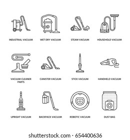 Vacuum cleaners colored flat line icons. Different types - industrial, household, handheld, robotic, canister, wet dry. Thin linear signs for housework equipment shop.