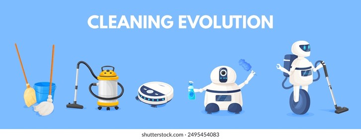 Vacuum cleaners evolution. Domestic cleaning tool progress broom to robot cleaner, smart home technology dust clean device robotic household appliance, neat vector illustration authors graphics