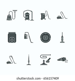 Vacuum Cleaners Flat Glyph Icons. Different Types - Industrial, Household, Handheld, Robotic, Canister, Wet Dry. Signs For Housework Equipment Shop.