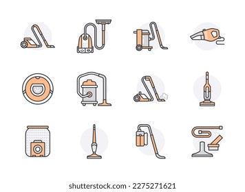 Vacuum cleaners flat line icons. Industrial, household, handheld, robotic, canister, wet dry, cordless hoover. Thin linear signs for housework equipment shop. Orange color. Editable Stroke